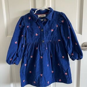 Mini Boden Aubrey Long Sleeve Corduroy Dress in Navy with Embroidered Mushrooms